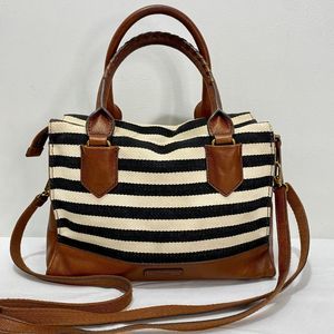 Fossil Striped Canvas & Brown Leather Nautical Crossbody Satchel Bag